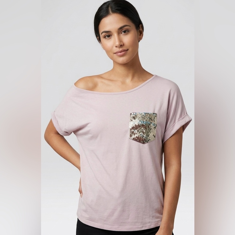Off-The-Shoulder Sequined Pocket Tee - Blush